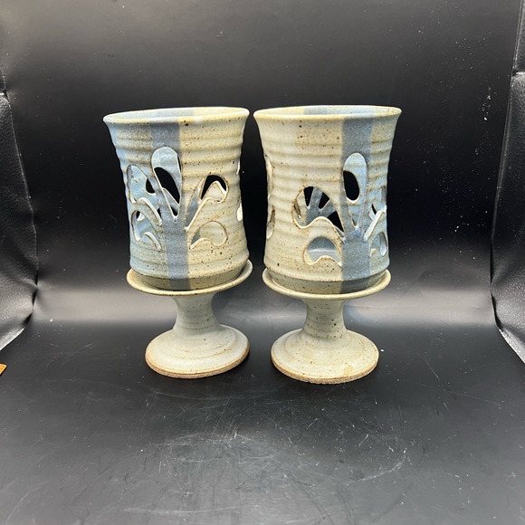 2 MCM Studio Art Pottery Candle Holder Cut Out Pedestal Blue Set Of 2 signed - Picture 11 of 11